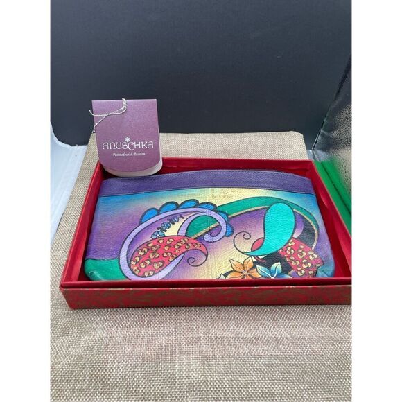 Anuschka Hand painted Leather Zip Bag Cosmetic Bag Clutch Paisley Gift Idea - Picture 1 of 10